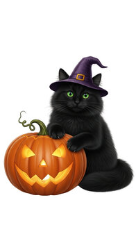 Black cat wearing witch hat Halloween.