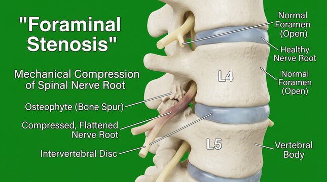Medical illustration of foraminal stenosis showing bone spur compressing spinal nerve root
