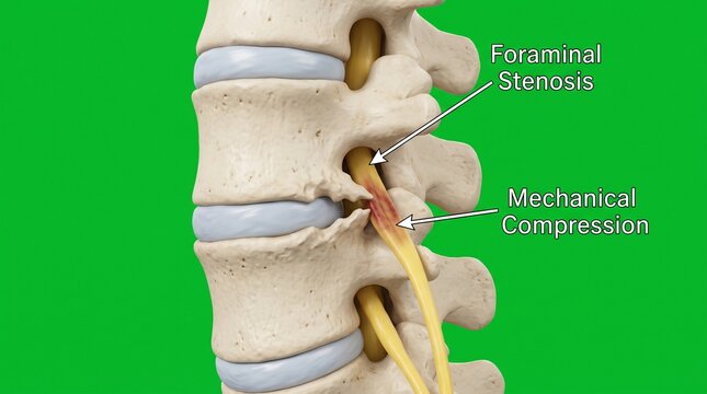 Medical illustration of bone spur causing spinal nerve compression and foraminal stenosis.