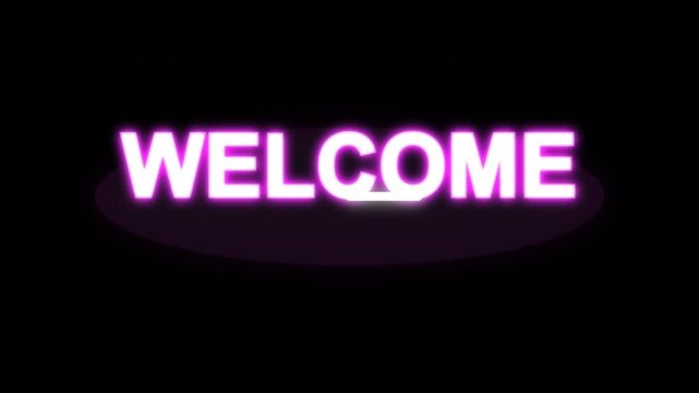 Glowing neon welcome sign animating on brick wall, vibrant purple text, loopable motion graphic for event or retail