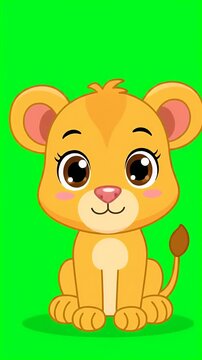 Cute cartoon lion cub sitting with big eyes, happy expression, green screen background, animation