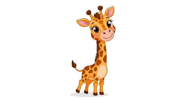 Cute cartoon giraffe standing on white background, happy expression, animation loop, children's illustration