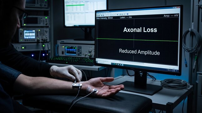 Medical professional performing nerve conduction study on patient's arm with Axonal Loss diagnosis on monitor