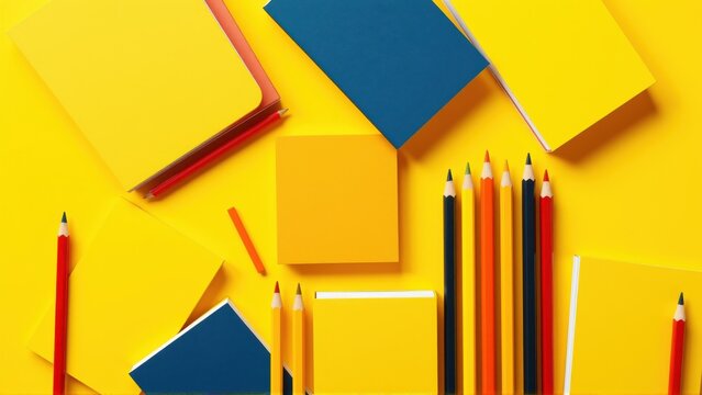 Stationery items scattered over bright yellow surface. Notepads, pencils create colorful flat lay composition. Simple design.