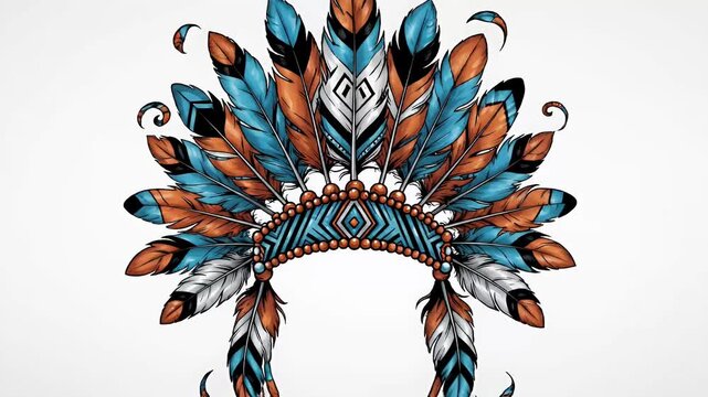 Native american headdress animated graphic with feathers, beads, tribal patterns, and boho vibes, cultural symbol