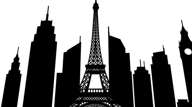 Iconic city skylines silhouette featuring Eiffel Tower and skyscrapers, travel montage, urban exploration, European landmarks