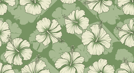 Muted green tropical pattern with hibiscus line art © jidan