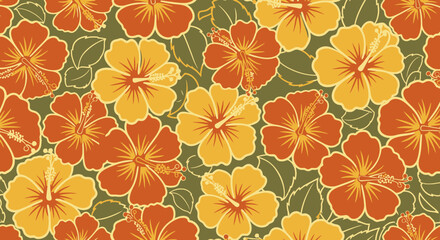 Seamless pattern of orange and yellow hibiscus flowers © jidan
