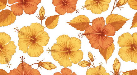 Warm orange and yellow hibiscus floral repeat pattern © jidan