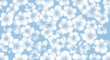 White hibiscus flowers seamless pattern on blue background © jidan