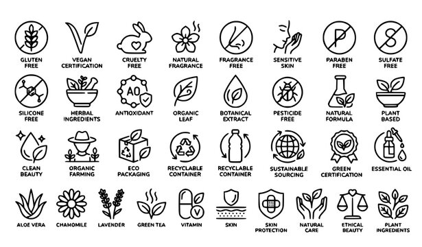 Minimalist Organic Vegan Thin Line Icon Set with Editable Stroke for Clean Beauty Natural Ingredients and Cruelty Free Products