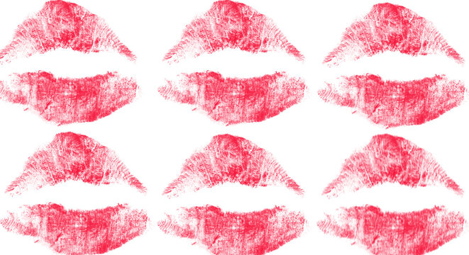 Red Lipstick Kiss Marks Pattern on White Background &ndash; Six Varied Smudged Lip Prints, Beauty Makeup Brush Texture, Valentine's Day Romance Symbol

