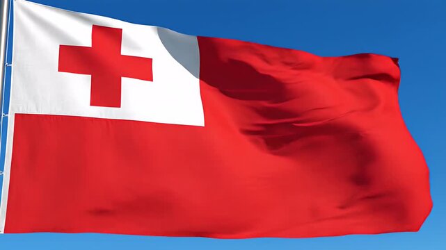 Waving Tongan flag on a clear blue sky background, national symbol, patriotism, Oceania