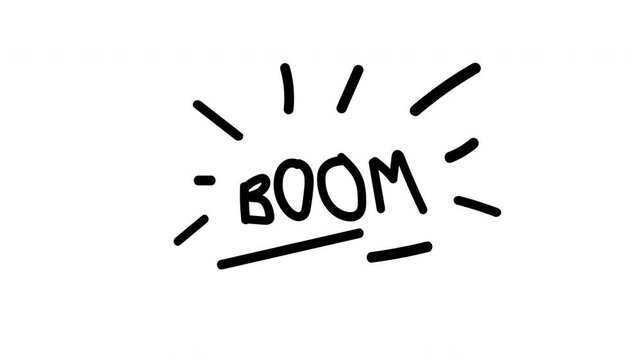 Black hand-drawn  scribble BOOM text effect  animation in white background 4K video