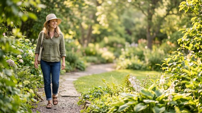日よけ帽子をかぶって朝の光の中を歩く女性のサンケアライフ