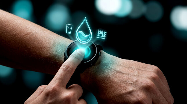 Close-up photo of anonymous user using wearable devices health application on smartwatch to check hydration levels against dark blurred bokeh background