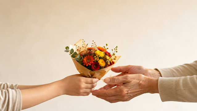 Close up of a young hand offering autumn flowers to elderly hands with no face visible - gratitude to grandparents on respect for the aged day concept banner with copy space