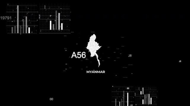 Myanmar(Burma) map animation showcasing economy, infrastructure, technology, population, energy, trade, and national development data for presentations, films, documentaries, and motion graphics.