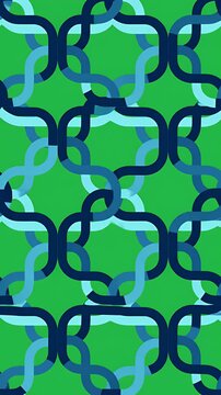 Seamless interlocking geometric pattern animation in shades of blue and teal on a vibrant green background, perfect for digital design and fabric
