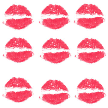Pink Red Lipstick Kiss Print Pattern on White Background &ndash; Nine Lip Marks with White Stripe, Beauty Makeup Brush Design, Valentine's Romance Symbol

