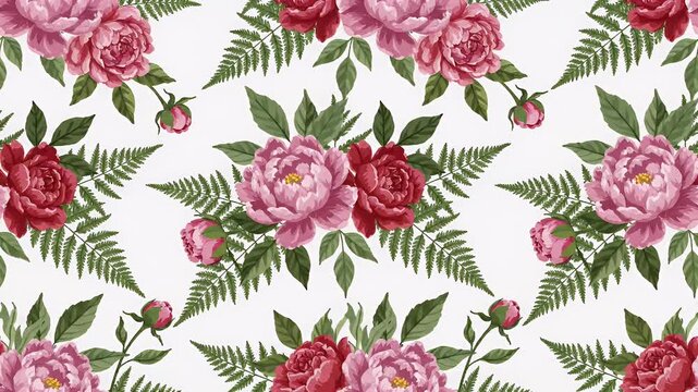 Seamless pattern of vintage pink and red peonies with green fern leaves, decorative floral repeat for fabric or wallpaper
