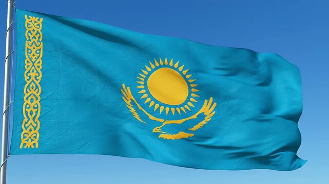 Kazakhstan flag waving on flagpole under clear blue sky, national symbol of country, patriotic motion graphic