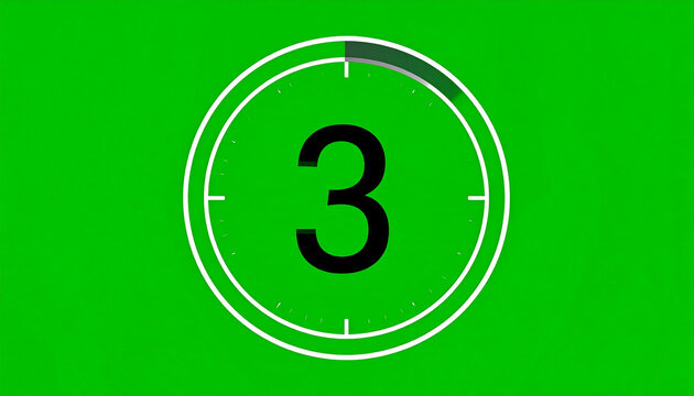 Countdown timer with number 3 on a green background. Digital clock with a circular timer. Time remaining concept.