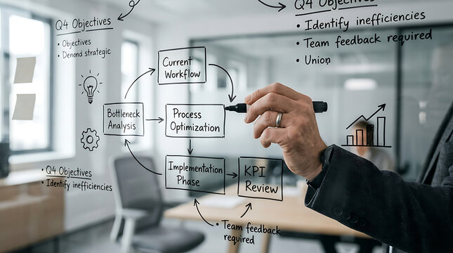 Business professional drawing a process optimization workflow diagram on a glass wall in an office.
