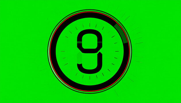 Digital Countdown Timer with Number 8 Displayed on a Vibrant Green Screen Background with Radial Light Streaks