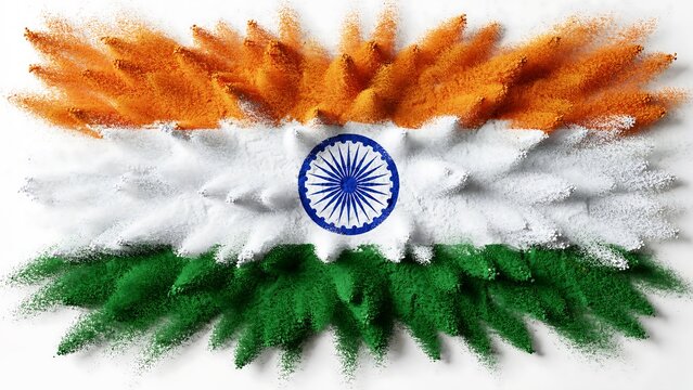 Vibrant indian flag created with colorful powdered pigments exploding in air with central wheel symbol representing national pride during festive celebration and cultural event theme.