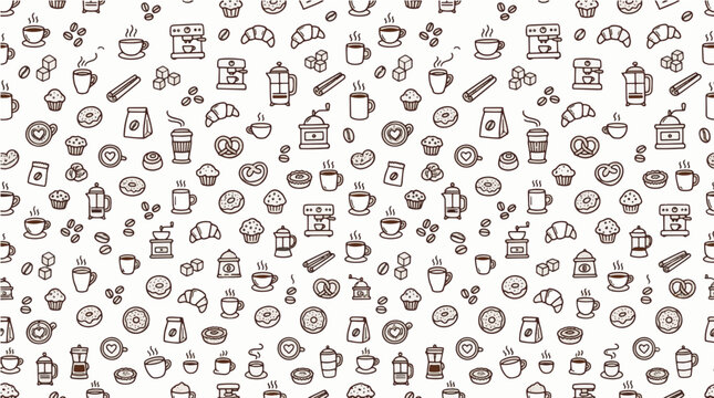 Bakery and Coffee Seamless Pattern with Croissant, Muffin and Coffee Cup