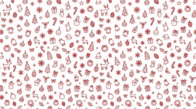 Christmas Holiday Seamless Doodle Pattern with Hand Drawn Ornaments, Trees and Gifts