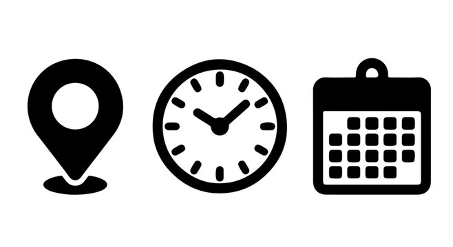 Time Management Icon Set - Clock, Calculator and location  Symbols