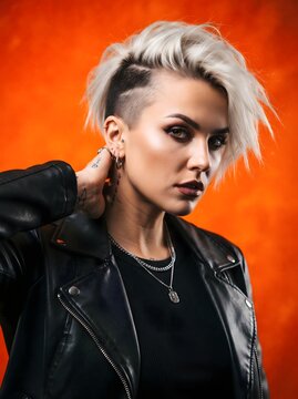 AI generated cool edgy portrait of a woman with a short blonde undercut hairstyle wearing a leather jacket