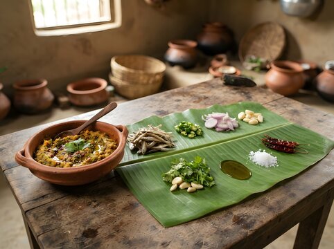 Traditional Bengali Shutki Bhorta preparation with fresh ingredients on banana leaf