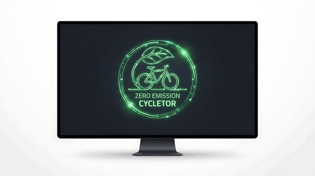 Green neon zero emission cycle logo on screen.