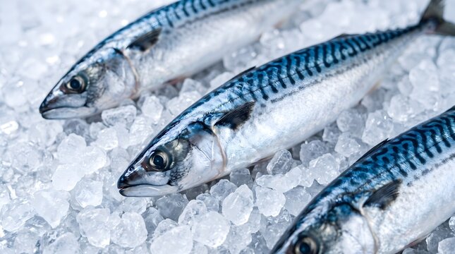 Fresh raw whole mackerel fish lying on crushed ice at a seafood market counter for healthy Mediterranean diet and culinary ingredients supply concept