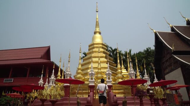 Sculpture Wat Phantao or Phantao Temple is Religion historical famous landmarks in Chiang Mai Thailand - Ancient Intricate teak Buddhist temple with gilded accents - Footage VDO 4K 
