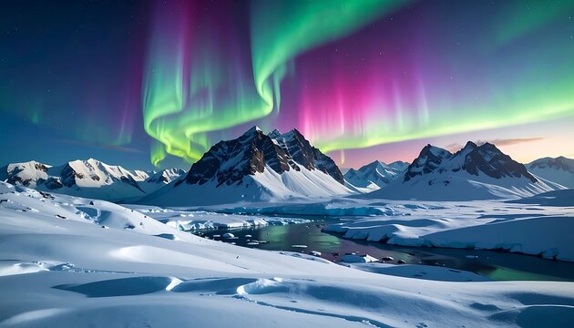 A serene snowy mountainous landscape under the vibrant aurora borealis