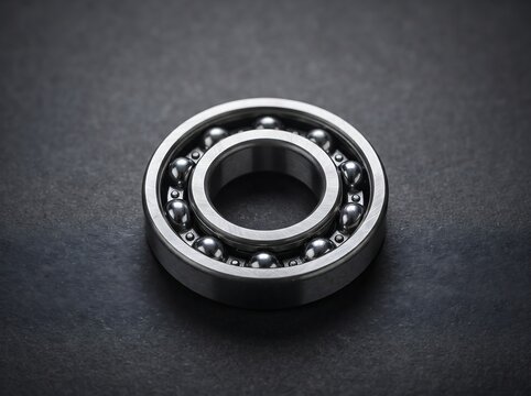 Industrial metal ball bearing isolated on dark background with industrial mechanical engineering component rotating technology hardware equipment manufacturing automotive movement friction