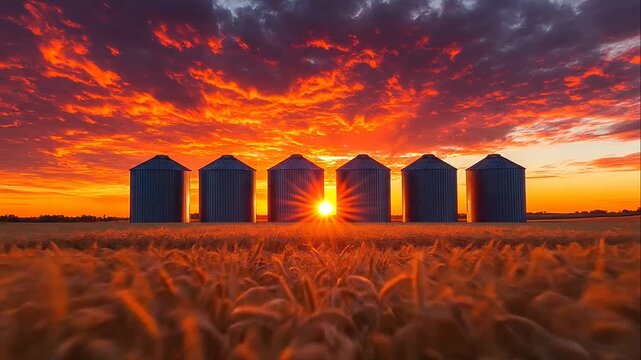 Grain silos silhouetted against a dramatic orange sunset over a wheat field.