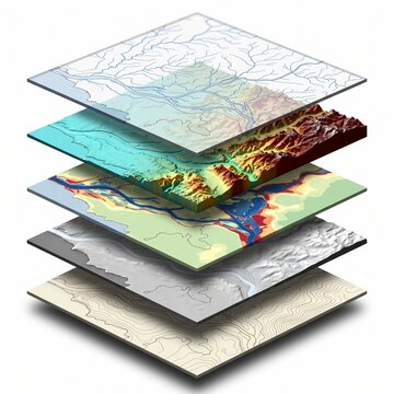 Isometric 3D GIS Map Layers Representing Geographic Information System Data.