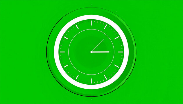Green clock graphic with white hands and markers on a green background, time concept illustration