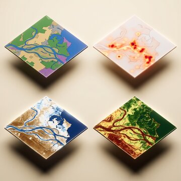 Four isometric tiles showing different geographic map layers of a river delta.