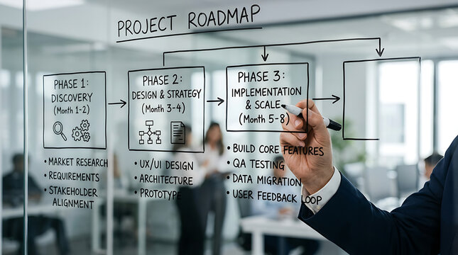 Business professional drawing a project roadmap on a glass wall in an office.