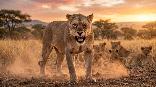 A fierce lioness protects her vulnerable cubs in the dramatic golden light of the African savanna, displaying powerful maternal instinct in the wild
