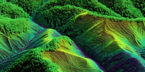Fototapeta premium Aerial Topographic Elevation Map of Mountainous Terraced Terrain in Vibrant Green and Purple