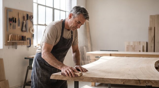 Craftsman sanding wooden tabletop in bright sunlit workshop for furniture restoration