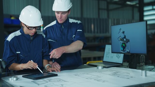 Caucasian man and woman reviewing blueprints in a construction facility. Professional colleagues planning an industrial project together