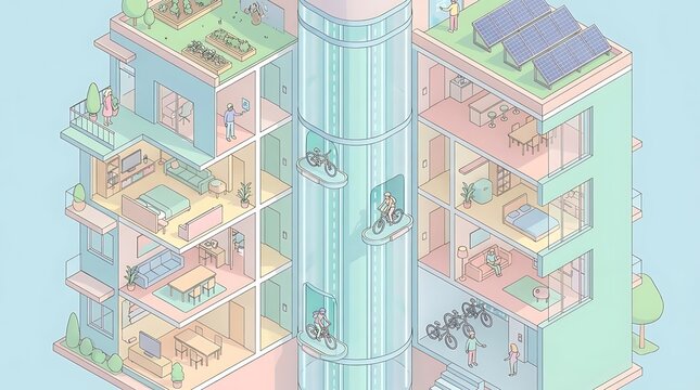 Isometric illustration of modern green building interior.